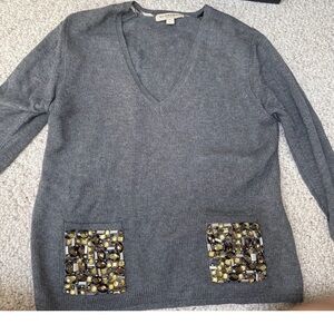 Burberry Gray V-Neck Sweater with Embellished Pockets
